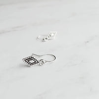 Tiny Silver Diamond Shape Earrings on small simple hooks - raised design oxidized/antique finish rhombus charm - math geometric shape - Constant Baubling
