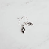 Tiny Silver Diamond Shape Earrings on small simple hooks - raised design oxidized/antique finish rhombus charm - math geometric shape - Constant Baubling