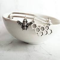 Bee & Honeycomb Silver Bangle Bracelet, honeybee bracelet, beehive bracelet, silver bangle, silver bee bracelet, silver cuff, beekeeper gift - Constant Baubling