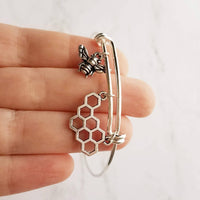 Bee & Honeycomb Silver Bangle Bracelet, honeybee bracelet, beehive bracelet, silver bangle, silver bee bracelet, silver cuff, beekeeper gift - Constant Baubling