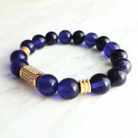 Cobalt Blue Gold Bracelet Set - metallic finish colorful smooth/facet cut dainty little bead nugget chunk CZ pave accent elastic stretch - Constant Baubling