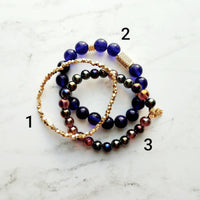 Cobalt Blue Gold Bracelet Set - metallic finish colorful smooth/facet cut dainty little bead nugget chunk CZ pave accent elastic stretch - Constant Baubling