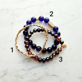 Cobalt Blue Gold Bracelet Set - metallic finish colorful smooth/facet cut dainty little bead nugget chunk CZ pave accent elastic stretch - Constant Baubling