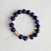 Cobalt Blue Gold Bracelet Set - metallic finish colorful smooth/facet cut dainty little bead nugget chunk CZ pave accent elastic stretch - Constant Baubling