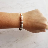Pink Stretch Bracelet Set - white & zebra jasper/pink Peruvian opal/round matte grey gray stone beads/silver bead tube simple elastic - Constant Baubling