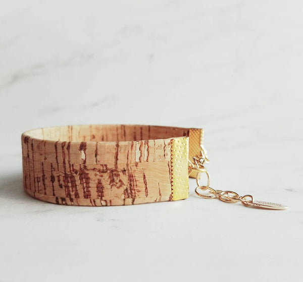 Wood Bracelet - wide cork cuff & gold adjustable chain, wood bangle, cork bangle, cork bracelet, woof cuff, cork cuff, wide bracelet, unisex - Constant Baubling