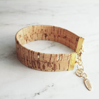 Wood Bracelet - wide cork cuff & gold adjustable chain, wood bangle, cork bangle, cork bracelet, woof cuff, cork cuff, wide bracelet, unisex - Constant Baubling