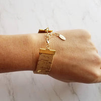 Wood Bracelet - wide cork cuff & gold adjustable chain, wood bangle, cork bangle, cork bracelet, woof cuff, cork cuff, wide bracelet, unisex - Constant Baubling