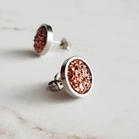 Rose Gold Studs - pink copper colored faux druzy stone - round rough jagged bumpy rock - hypoallergenic stainless surgical steel posts drusy - Constant Baubling