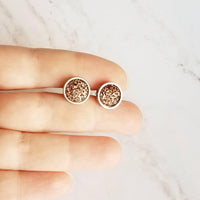 Rose Gold Studs - pink copper colored faux druzy stone - round rough jagged bumpy rock - hypoallergenic stainless surgical steel posts drusy - Constant Baubling