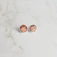 Rose Gold Studs - pink copper colored faux druzy stone - round rough jagged bumpy rock - hypoallergenic stainless surgical steel posts drusy - Constant Baubling
