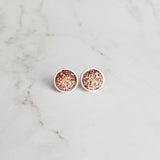 Rose Gold Studs - pink copper colored faux druzy stone - round rough jagged bumpy rock - hypoallergenic stainless surgical steel posts drusy - Constant Baubling