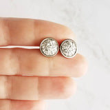 Small Silver Studs, faux druzy earring, stone earring, hypoallergenic steel, round metallic stud, rough stone, jagged bumpy druzy rock - Constant Baubling