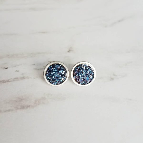 Blue Earring Studs, metallic blue studs, large round studs, hypoallergenic, faux druzy earring, cobalt purple rough stone, iridescent rock - Constant Baubling
