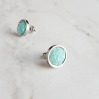 Mint Silver Earrings - light pale blue faux druzy stone round rough jagged bumpy rock - hypoallergenic stainless surgical steel posts drusy - Constant Baubling