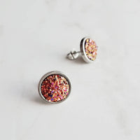 Rainbow Post Earrings, stainless steel studs, faux drusy stone, druzy, magenta pink orange yellow gold purple, bumpy rock style, round studs - Constant Baubling