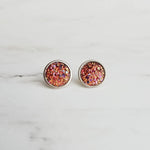 Rainbow Post Earrings, stainless steel studs, faux drusy stone, druzy, magenta pink orange yellow gold purple, bumpy rock style, round studs - Constant Baubling