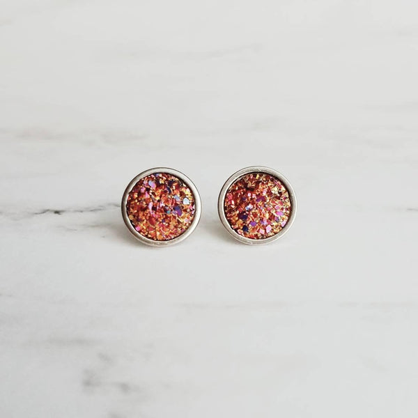 Rainbow Post Earrings, stainless steel studs, faux drusy stone, druzy, magenta pink orange yellow gold purple, bumpy rock style, round studs - Constant Baubling