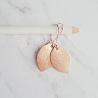 Rose Gold Leather Earrings - leaf drop lightweight dangle - minimalist prolate spheroid football shape - fall simple small shiny glam hook - Constant Baubling