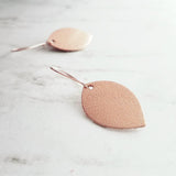 Rose Gold Leather Earrings - leaf drop lightweight dangle - minimalist prolate spheroid football shape - fall simple small shiny glam hook - Constant Baubling