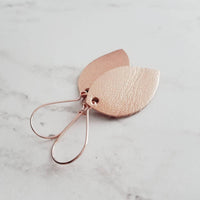 Rose Gold Leather Earrings - leaf drop lightweight dangle - minimalist prolate spheroid football shape - fall simple small shiny glam hook - Constant Baubling