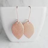 Rose Gold Leather Earrings - leaf drop lightweight dangle - minimalist prolate spheroid football shape - fall simple small shiny glam hook - Constant Baubling