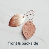 Rose Gold Leather Earrings - leaf drop lightweight dangle - minimalist prolate spheroid football shape - fall simple small shiny glam hook - Constant Baubling