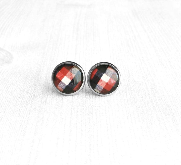 Lumberjack Earrings - red black white buffalo check winter flannel style stainless steel hypoallergenic stud - print under glass small round - Constant Baubling