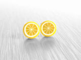 Tiny Lemon Earrings, yellow stud earring, miniature fruit, lemon slice earring, fruit studs, hypoallergenic stainless steel posts lemon stud - Constant Baubling