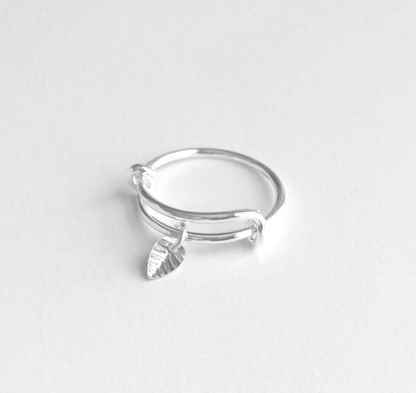 Silver Leaf Ring, adjustable ring, bangle bracelet style ring, tiny charm dangle, celebrity trend, single loop size 5 6 7 8 9 band gift her - Constant Baubling