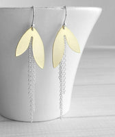 Long Chain Earrings - mixed metal gold/silver leaf petal asymmetrical unique fringe on 925 sterling silver hooks, boho sleek elegant - Constant Baubling