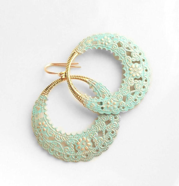 Mint Gold Earrings, lace earring, filigree earring, large hoop earring, rose gold circle earring, large lightweight, dipped color, ornate - Constant Baubling