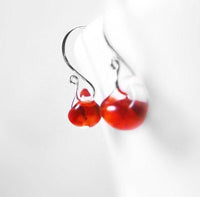 Red & Silver Earrings - .925 sterling silver handmade fancy hooks, small boro glass lampwork drops, sexy hot fire engine blood red/clear - Constant Baubling