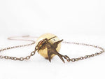 Bird Locket Necklace - sparrow charm in aged dark brass - long 20 inch delicate antique bronze chain - round ball pendant sphere secret gift - Constant Baubling