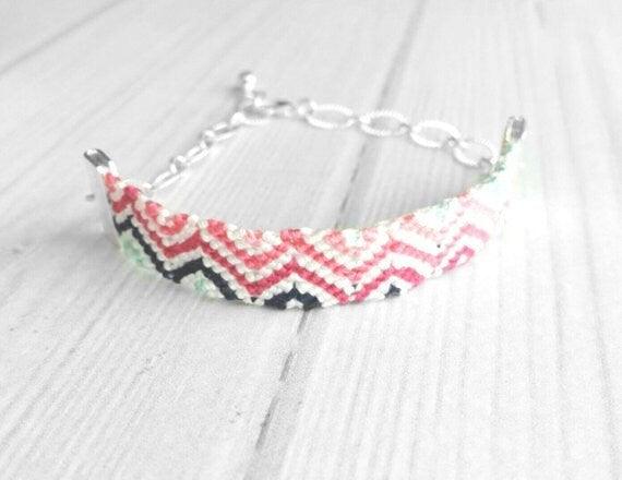 Woven Bracelet - silver chain adjustable stripe chevron zig zag pink blue white navy diagonal pattern - cotton braid knot thread string - Constant Baubling