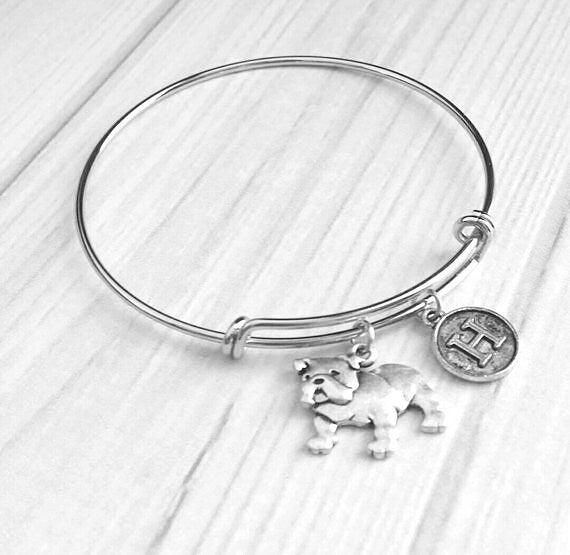 English Bulldog Bracelet - adjustable silver bangle double loop pet dog charm - personalized letter - flat face puppy British mascot snort - Constant Baubling