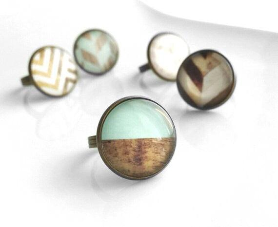 Mint Wood Ring, wood grain ring, mint blue, mint green, round glass ring, antique brass band, bronze band, inexpensive gift, statement ring - Constant Baubling