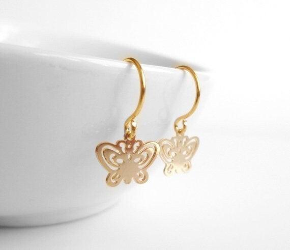Small Gold Butterfly Earrings, tiny cut out butterflies, filigree butterfly earring, 14K SOLID GOLD hook opt, little gold butterfly earring - Constant Baubling