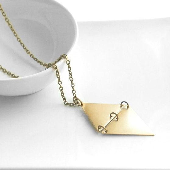 Long Gold Necklace, hinged triangles, geometric pendant, extra long chain, antique brass finish, gold diamond shape, mixed unique necklace - Constant Baubling