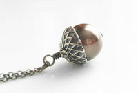 Acorn Necklace, Swarovski pearl acorn pendant, gunmetal acorn necklace, autumn necklace, grey pearl, black pearl pendant, gunmetal acorn - Constant Baubling
