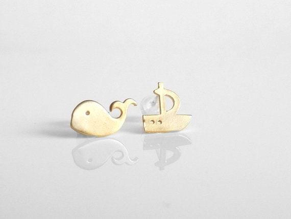 Whale Boat Earrings, mismatched stud, mismatched earring, whale earring, sailboat earring, fish boat stud, gold stud, sterling silver post - Constant Baubling