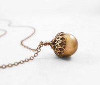 Golden Acorn Necklace, Swarovski pearl necklace, oak tree necklace, seed necklace, antique bronze chain, brass acorn pendant, squirrel nut - Constant Baubling