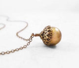 Golden Acorn Necklace, Swarovski pearl necklace, oak tree necklace, seed necklace, antique bronze chain, brass acorn pendant, squirrel nut - Constant Baubling