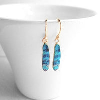 Feather Earrings - gold aqua turquoise cobalt blue stripe enamel design - simple 14K gold plated hook - petite delicate small little gift - Constant Baubling