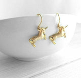 Unicorn Earrings - small gold brass rearing prancing magical mythical creature - fairy tale horse spiral horn - Scotland Scottish symbol - Constant Baubling