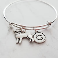 Border Collie Bracelet, adjustable silver bangle, dog charm bracelet, personalized gift, letter charm, herder dog jewelry, silver dog charm - Constant Baubling