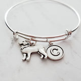Border Collie Bracelet, adjustable silver bangle, dog charm bracelet, personalized gift, letter charm, herder dog jewelry, silver dog charm - Constant Baubling