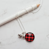 Red Plaid Necklace - buffalo check/bear charm lodge pendant - black plaid flannel - Christmas holiday jewelry stocking stuffer gift - Constant Baubling
