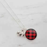 Red Plaid Necklace - buffalo check/bear charm lodge pendant - black plaid flannel - Christmas holiday jewelry stocking stuffer gift - Constant Baubling