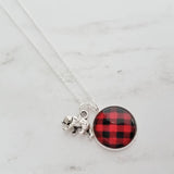 Red Plaid Necklace - buffalo check/bear charm lodge pendant - black plaid flannel - Christmas holiday jewelry stocking stuffer gift - Constant Baubling